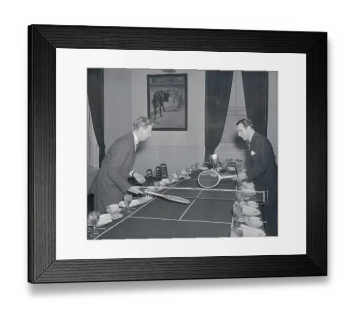 Framed Print : Don Budge and Fred Perry Playing Tennis on Dining Table Framed Print : Don Budge and Fred Perry Playing Tennis on Dining Table