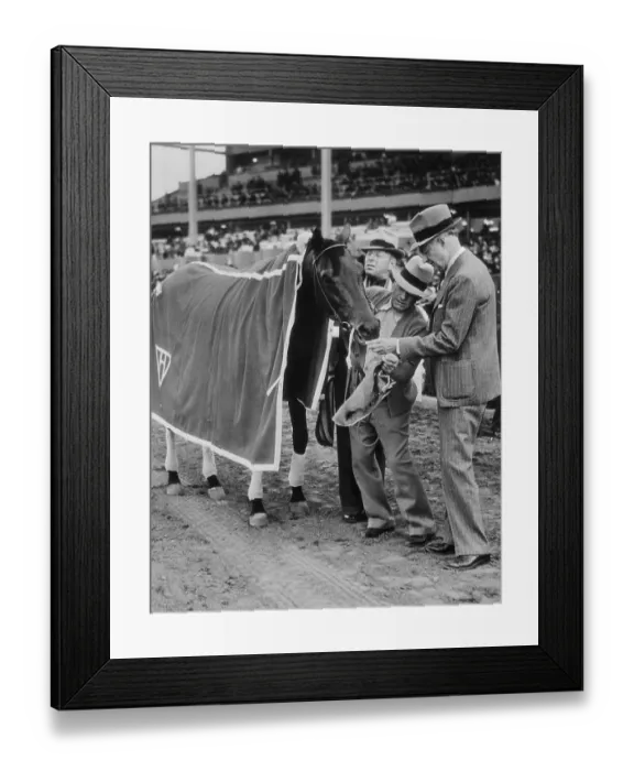 Framed Print : Stablehands Assisting Racehorse Seabiscuit