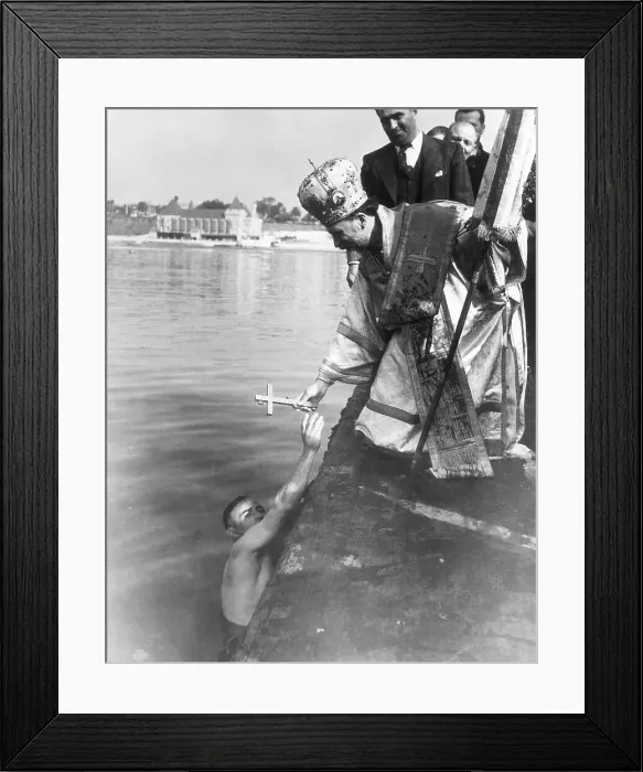 Framed Print : Bishop Receiving Cross From Swimmer Framed Print : Bishop Receiving Cross From Swimmer