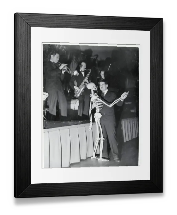 Framed Print : Man Dancing with Skeleton Framed Print : Man Dancing with Skeleton