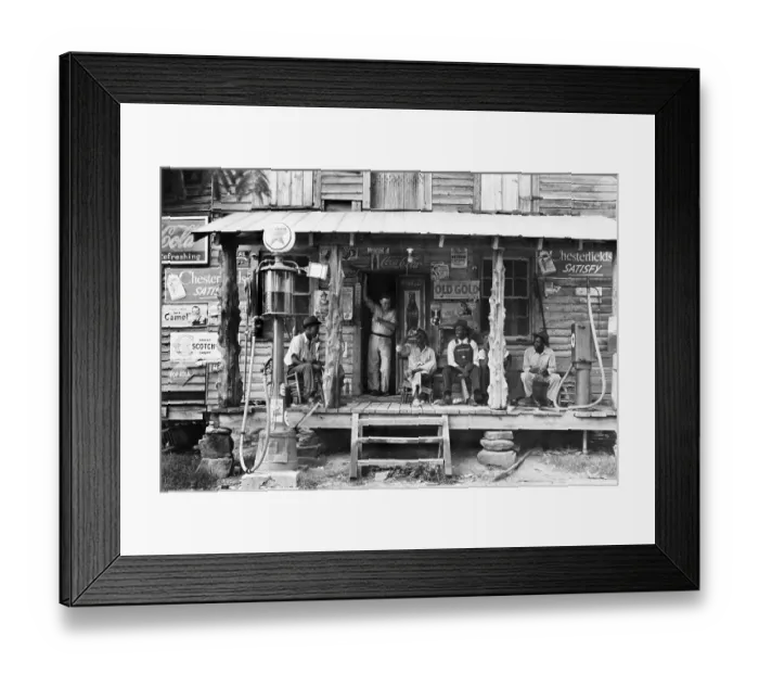 Framed Print : Grocery Store with Gas Pump and Men on Porch Framed Print : Grocery Store with Gas Pump and Men on Porch