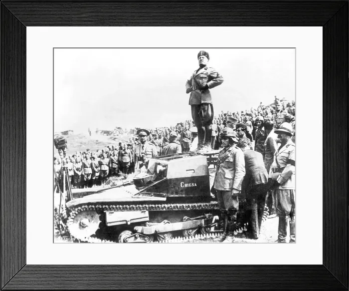 Framed Print : Benito Mussolini Standing on a Tank Framed Print : Benito Mussolini Standing on a Tank
