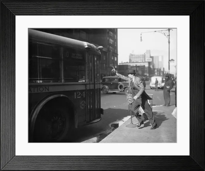 Framed Print : Man rushing to catch bus, New York City, New York State, USA