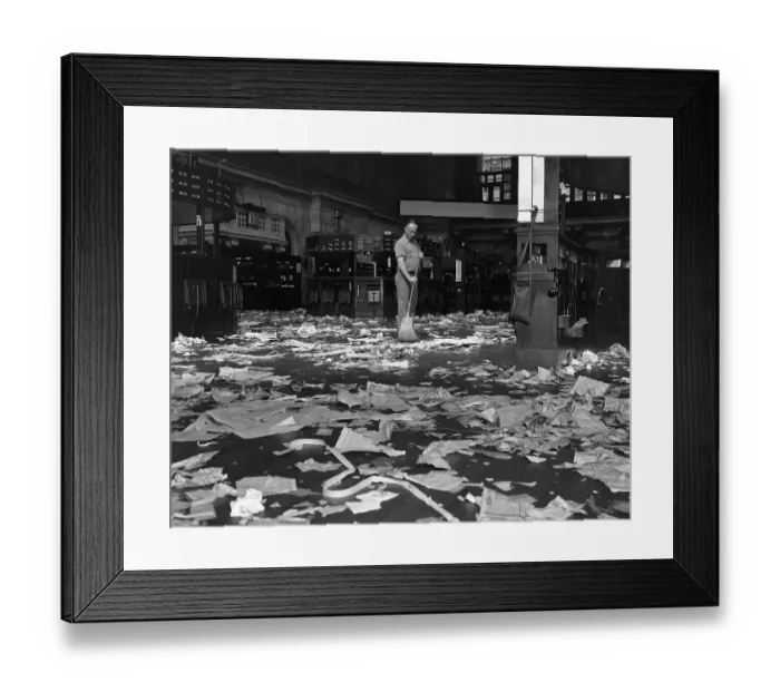 Framed Print : Janitor Sweeping Floor of the New York Stock Exchange