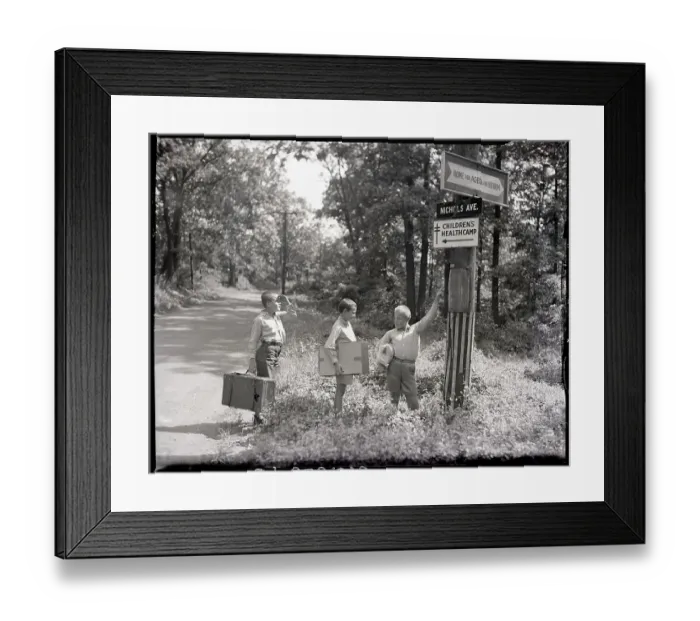 Framed Print : Boys Looking At Sign To Health Camp Framed Print : Boys Looking At Sign To Health Camp