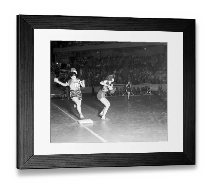 Framed Print : Play at First in Women's Softball Game