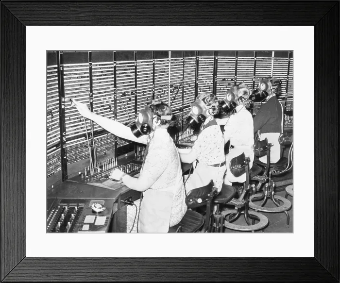 Framed Print : Telephone Operators in Gas Masks Framed Print : Telephone Operators in Gas Masks