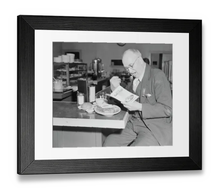 Framed Print : Diner Read Pamphlet on California's Ham and Eggs Pension Plan Framed Print : Diner Read Pamphlet on California's Ham and Eggs Pension Plan