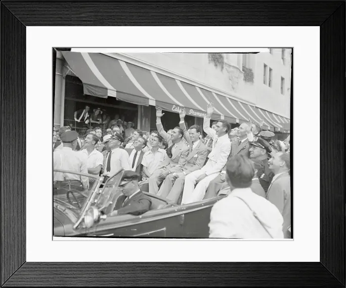 Framed Print : Howard Hughes and World Flight Crew Waving to Crowd Framed Print : Howard Hughes and World Flight Crew Waving to Crowd