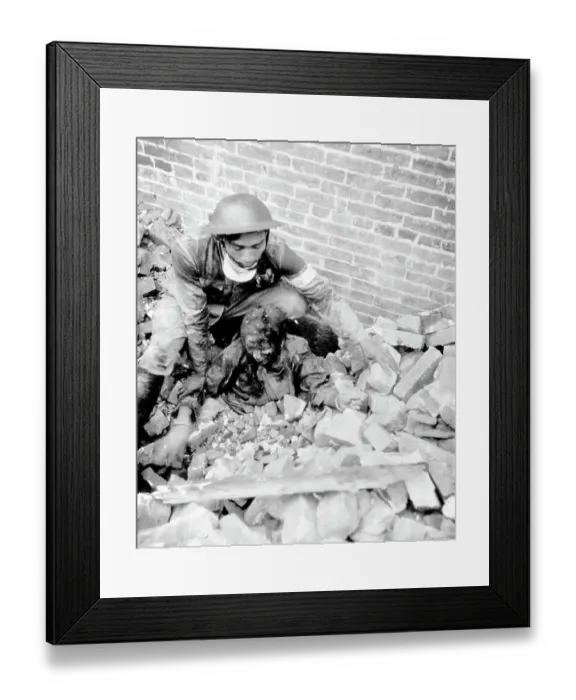 Framed Print : Chinese Officer Helping Woman from Bombed out Debris Framed Print : Chinese Officer Helping Woman from Bombed out Debris