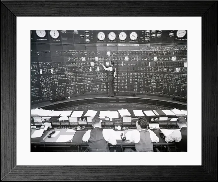 Framed Print : Men Work at Control Board at Electric Company Framed Print : Men Work at Control Board at Electric Company