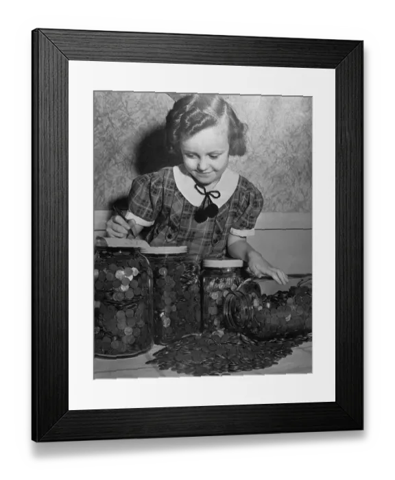 Framed Print : Girl (6-7 years) with jars full of saved money. Cleveland, Ohio, USA. April 27, 1938 Framed Print : Girl (6-7 years) with jars full of saved money. Cleveland, Ohio, USA. April 27, 1938