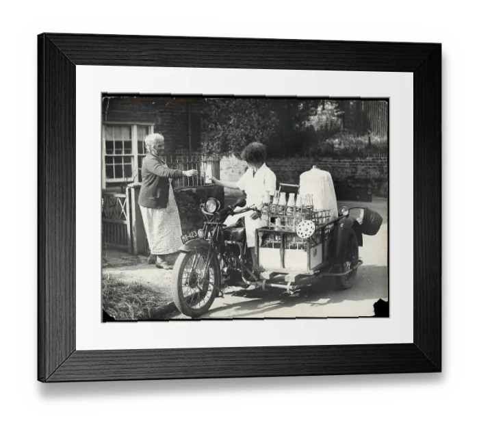 Framed Print : Female Milk Dealer on Motorbike with Sidecar Framed Print : Female Milk Dealer on Motorbike with Sidecar
