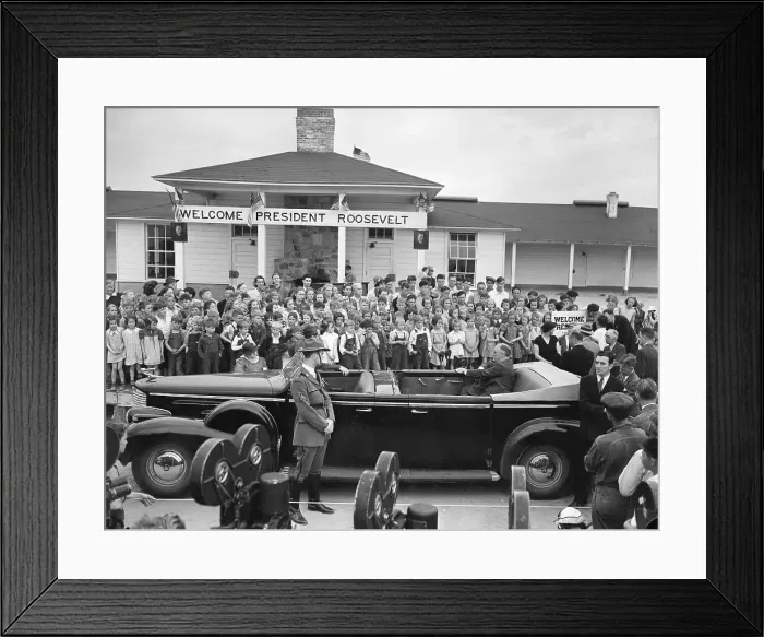 Framed Print : F.D. Roosevelt In Auto Outside School Framed Print : F.D. Roosevelt In Auto Outside School