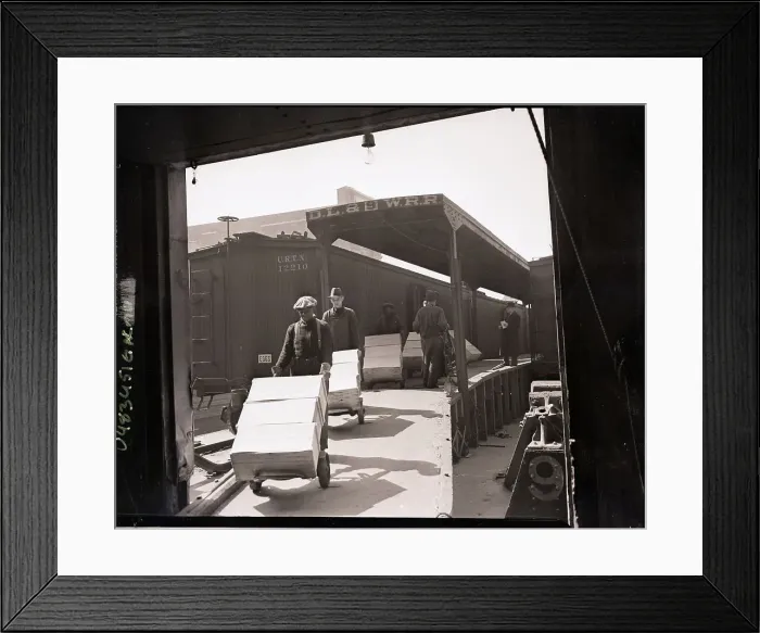 Framed Print : Workers Wheel Crates Off Loading Dock Framed Print : Workers Wheel Crates Off Loading Dock