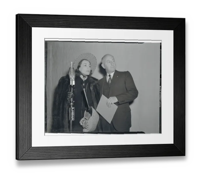 Framed Print : Joan Crawford and Cecil B. DeMille by Microphone Framed Print : Joan Crawford and Cecil B. DeMille by Microphone