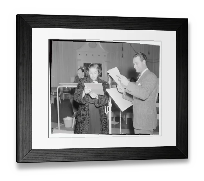Framed Print : Lou Gehrig Standing at Microphone with Fanny Brice Framed Print : Lou Gehrig Standing at Microphone with Fanny Brice
