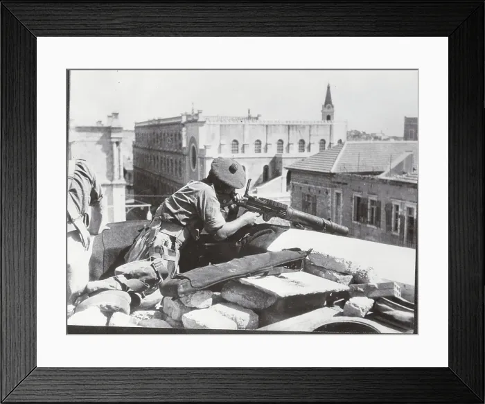 Framed Print : British Soldier Taking Aim with Weapon from Rooftop Framed Print : British Soldier Taking Aim with Weapon from Rooftop