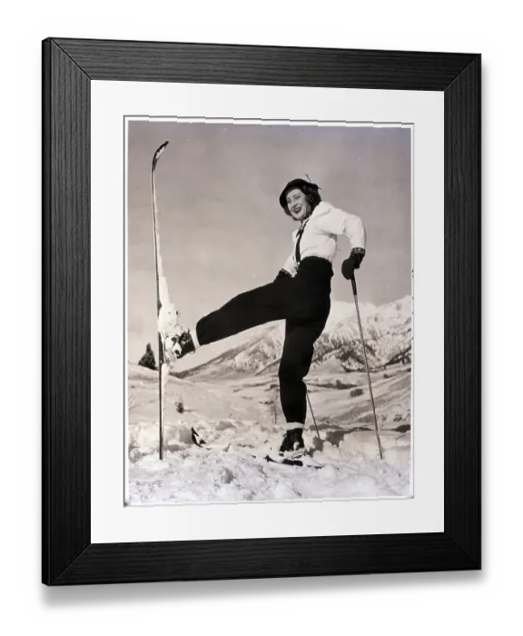Framed Print : Norma Shearer on Skis with One Leg Raised Framed Print : Norma Shearer on Skis with One Leg Raised