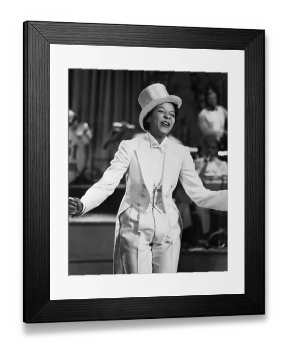 Framed Print : Jenni Le Gon Singing in White Tuxedo Framed Print : Jenni Le Gon Singing in White Tuxedo