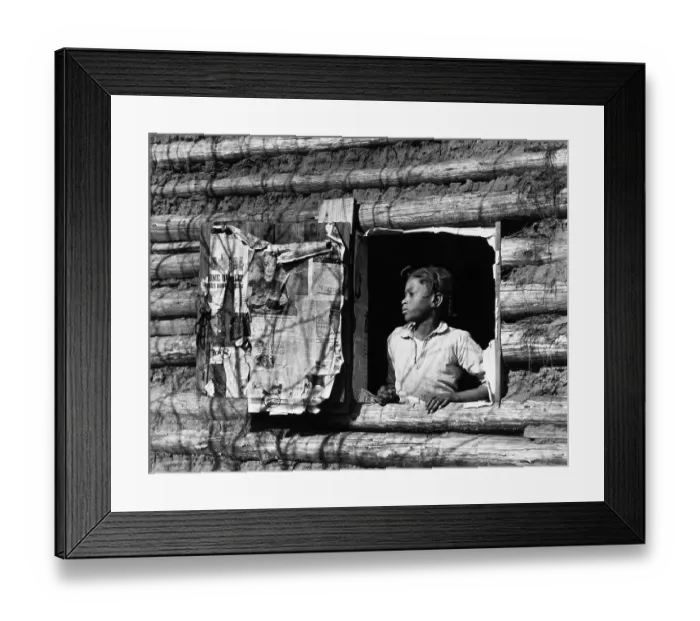 Framed Print : African American Girl Posing in Log Cabin Window Framed Print : African American Girl Posing in Log Cabin Window