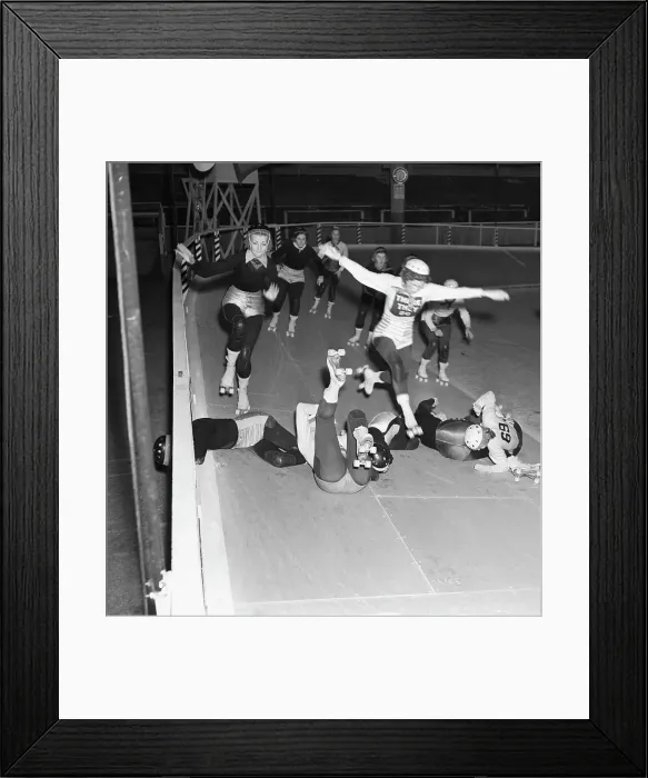 Framed Print : Female Roller Skaters Jumping over Less Fortunate Racers Framed Print : Female Roller Skaters Jumping over Less Fortunate Racers