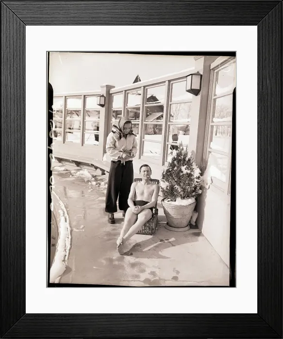 Framed Print : Man in Bathing Suit by Pool in Winter Framed Print : Man in Bathing Suit by Pool in Winter