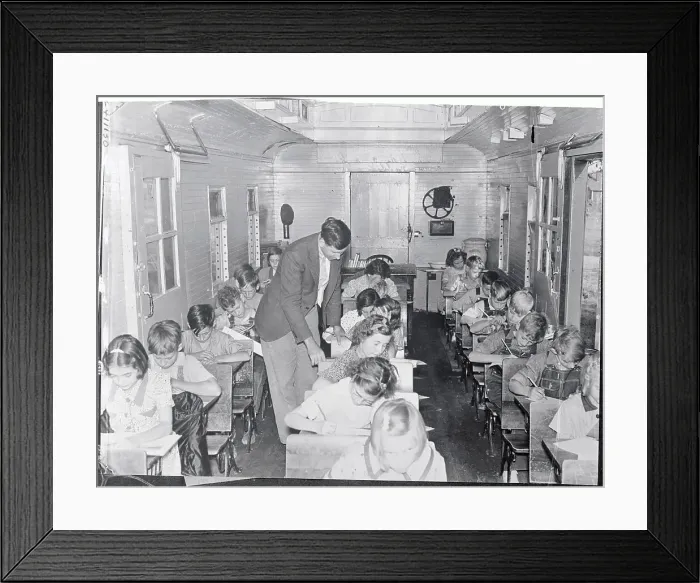 Framed Print : Students Learning in Converted Railroad Car Framed Print : Students Learning in Converted Railroad Car