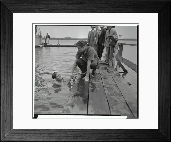 Framed Print : Ralph Flanagan in Pool Shaking Hands with Adolph Kiefer