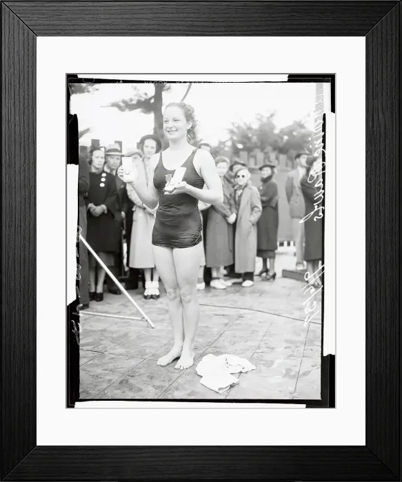 Framed Print : Swimmer Katherine Rawls Displaying Medals
