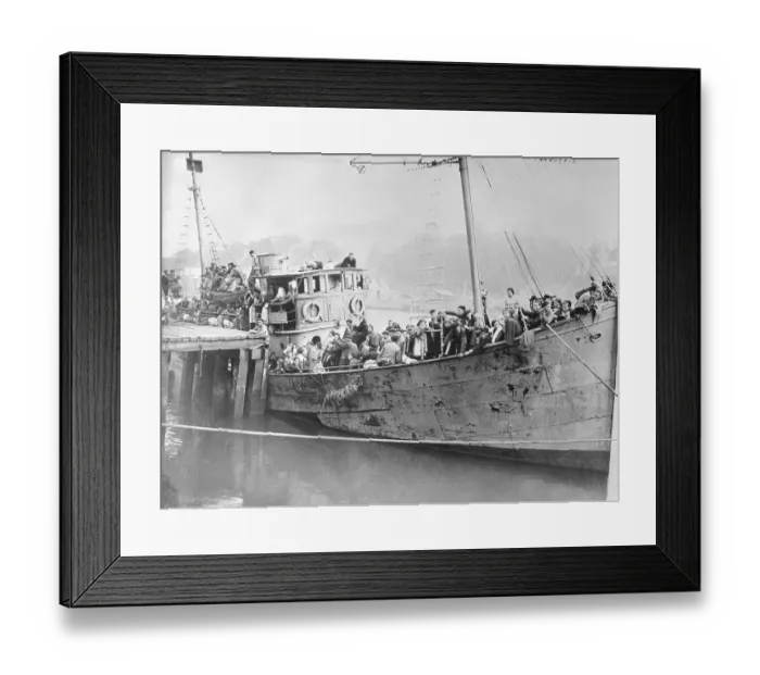 Framed Print : Spanish Refugee Boat Docking in France Framed Print : Spanish Refugee Boat Docking in France