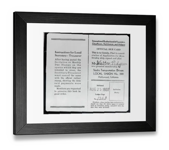 Framed Print : Walter Pidgeon's Teamsters Union Card Framed Print : Walter Pidgeon's Teamsters Union Card