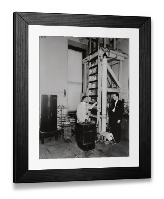 Framed Print : Chemists Examining Columbia Laboratory Scrubbing Column Framed Print : Chemists Examining Columbia Laboratory Scrubbing Column