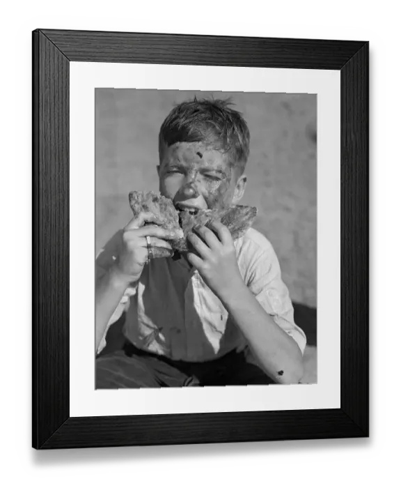 Framed Print : Boy Eating Pie with Both Hands Framed Print : Boy Eating Pie with Both Hands