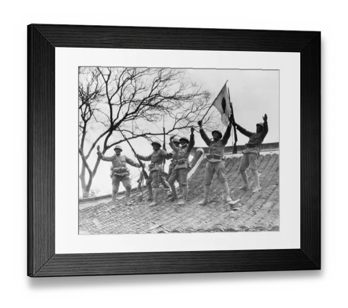Framed Print : Japanese Soliders Wave Flag On Rooftop Framed Print : Japanese Soliders Wave Flag On Rooftop