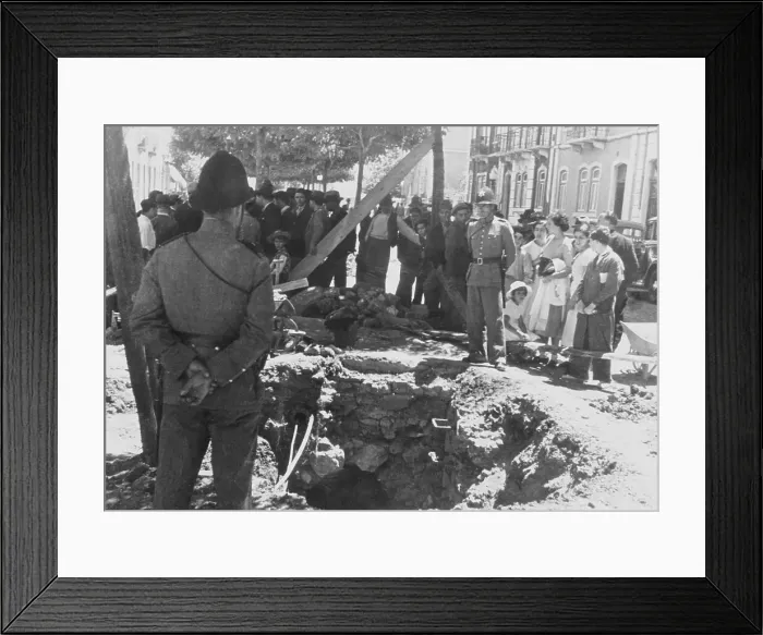 Framed Print : Police Guarding Crater Left by Bomb Framed Print : Police Guarding Crater Left by Bomb