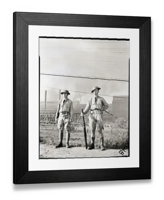 Framed Print : Militiamen Stand Guard at Factory Framed Print : Militiamen Stand Guard at Factory