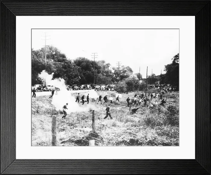 Framed Print : Monroe Strikers Routed by Gas Bombs Framed Print : Monroe Strikers Routed by Gas Bombs