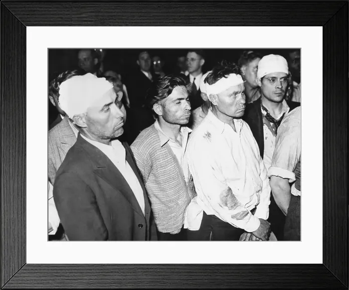 Framed Print : Strike Riot's Aftermath -- Bandaged Prisoners in Court Framed Print : Strike Riot's Aftermath -- Bandaged Prisoners in Court