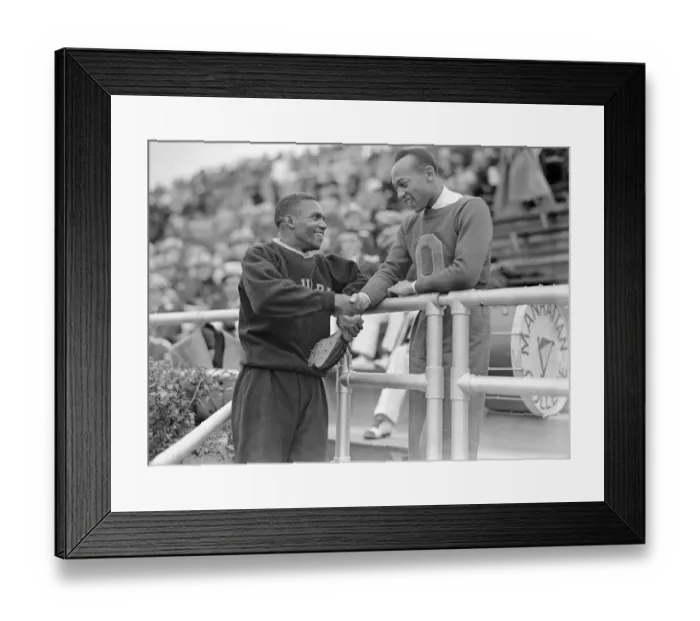Framed Print : Jesse Owens Shaking Ben Johnson's Hand at Grandstands Framed Print : Jesse Owens Shaking Ben Johnson's Hand at Grandstands