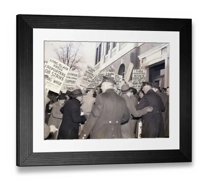 Framed Print : Picketers with Signs and Police at Long Island Press Framed Print : Picketers with Signs and Police at Long Island Press