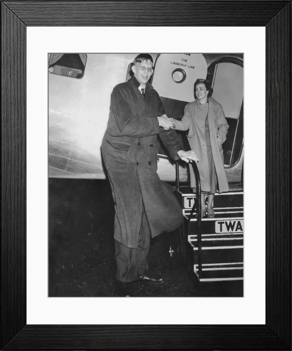 Framed Print : Giant Robert Wadlow Escorting Stewardess off of Airplane Framed Print : Giant Robert Wadlow Escorting Stewardess off of Airplane