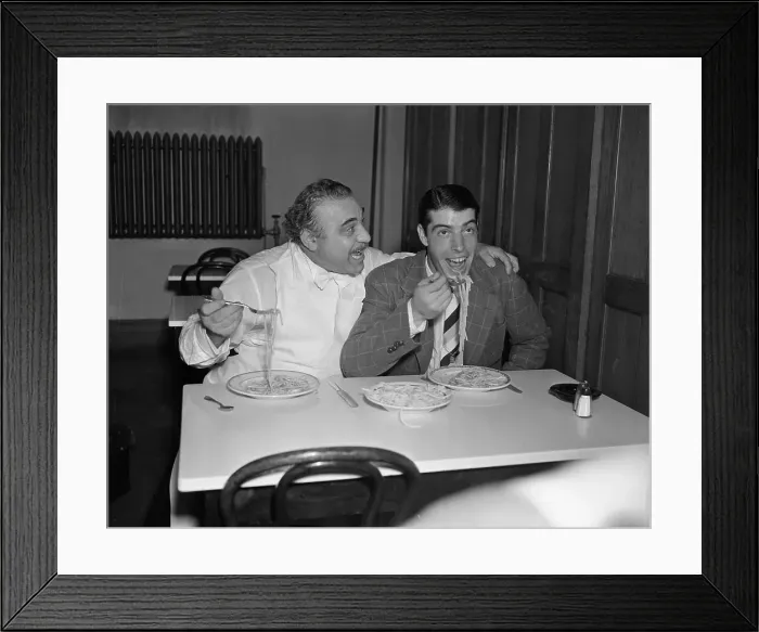 Framed Print : Joe DiMaggio Eating with Actor Henry Armetta Framed Print : Joe DiMaggio Eating with Actor Henry Armetta