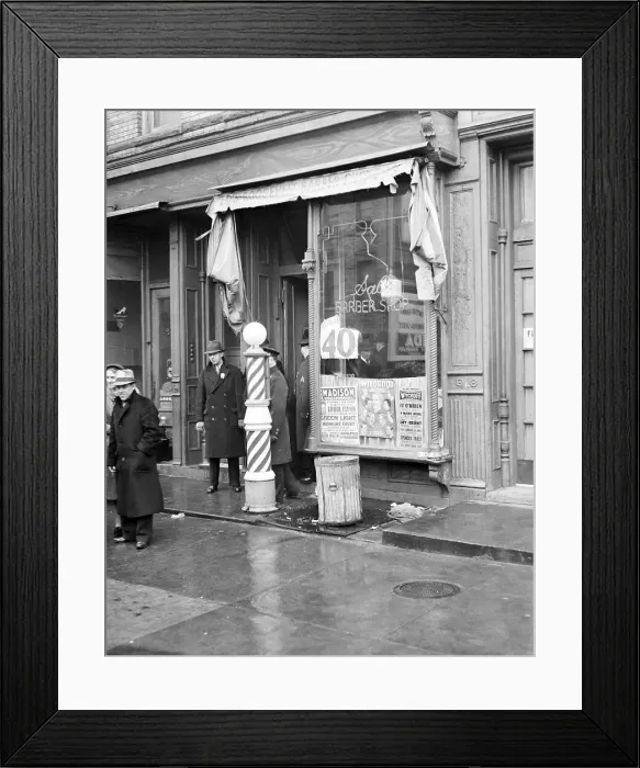 Framed Print : Detectives at Barber Shop Entrance Framed Print : Detectives at Barber Shop Entrance