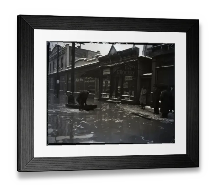 Framed Print : Man Pulling Boat Through Flooded Street Framed Print : Man Pulling Boat Through Flooded Street