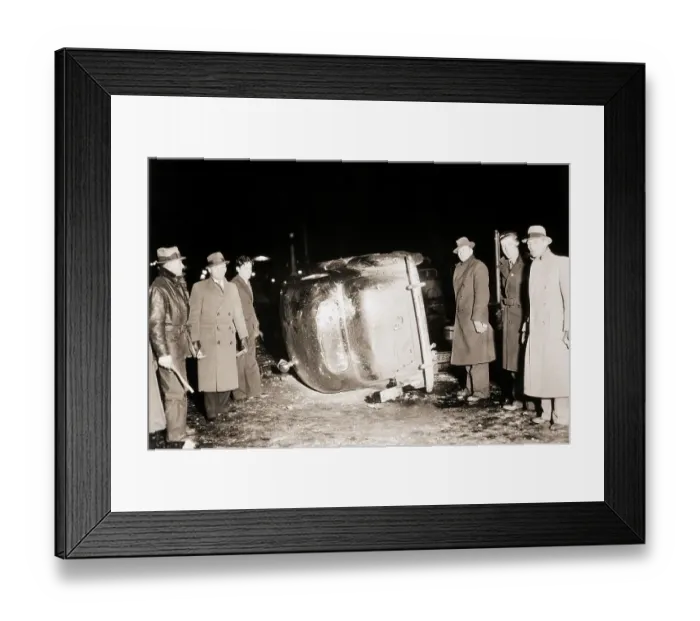 Framed Print : Labor Strikers Stand by Overturned Car Framed Print : Labor Strikers Stand by Overturned Car