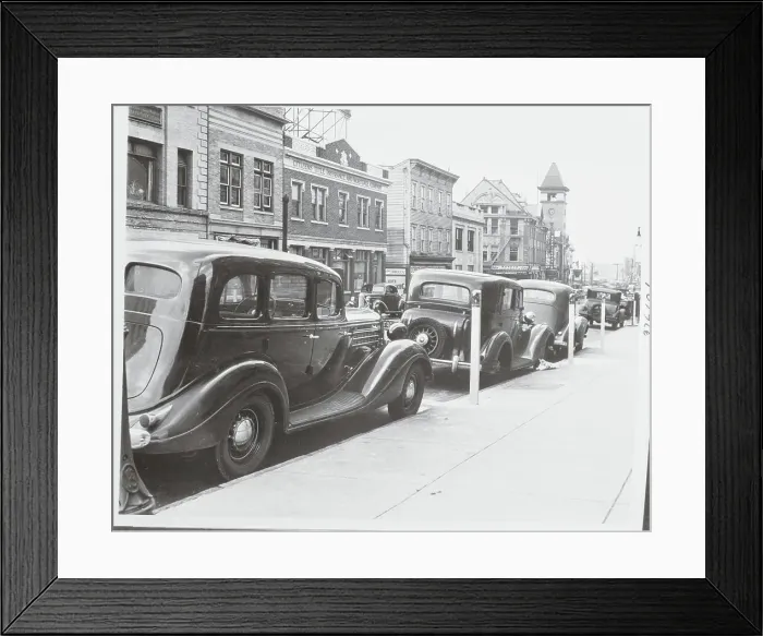 Framed Print : Cars in Parking Spots with Meters Framed Print : Cars in Parking Spots with Meters