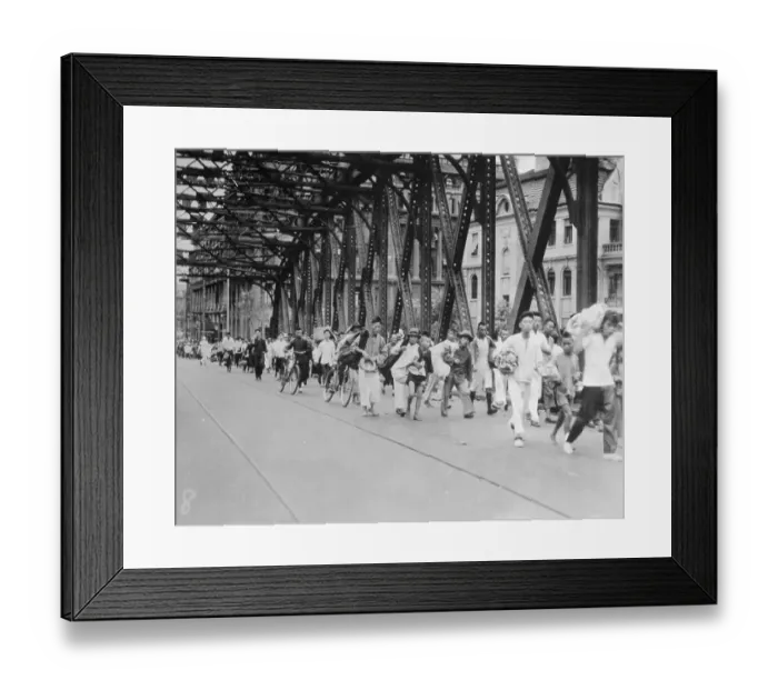 Framed Print : Chinese Residents Escaping Shanghai Crossing Bridge Framed Print : Chinese Residents Escaping Shanghai Crossing Bridge