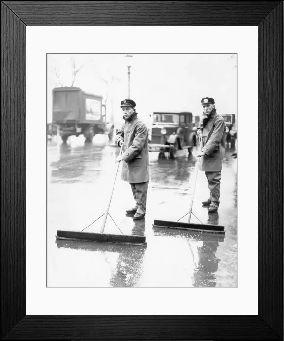 Framed Print : Street Cleaners Pushing Squeegees Framed Print : Street Cleaners Pushing Squeegees