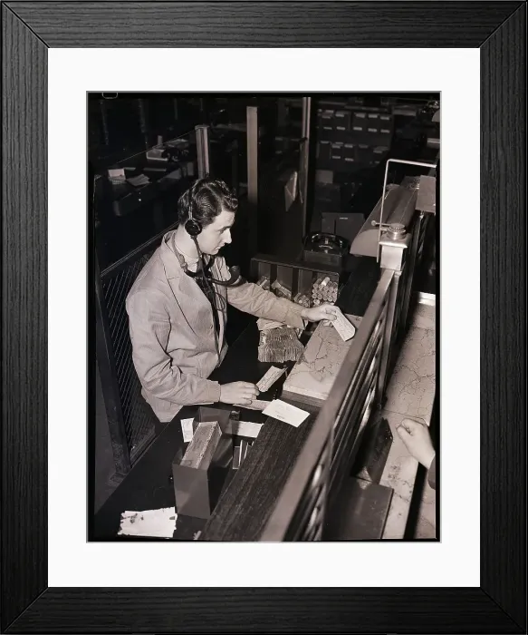 Framed Print : Bank Teller with Speaking System Framed Print : Bank Teller with Speaking System